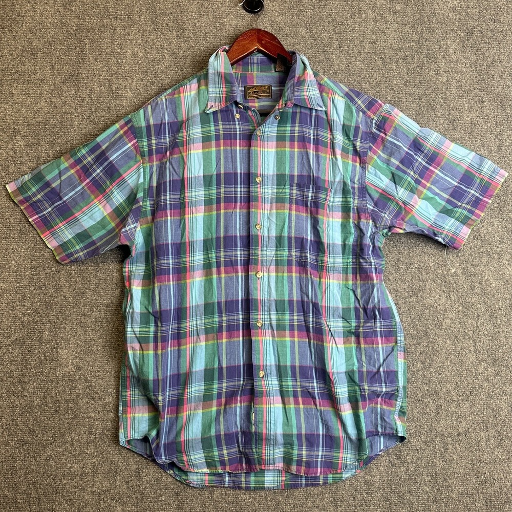 Vintage Eddie Bauer Shirt Mens M Blue‎ Madras Plaid Camping Hiking Outdoor USA